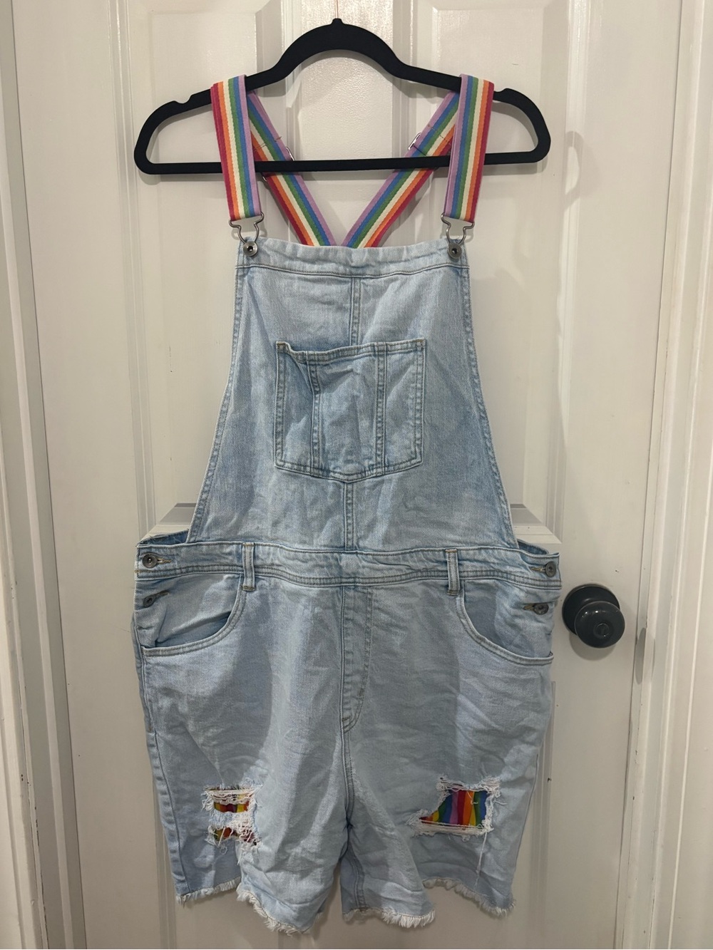 Plus Size XXL Denim Short Overalls Rainbow Straps Distressed Pride Dungarees